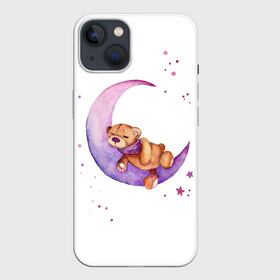 Чехол для iPhone 13 с принтом Плюшевый мишка спит на луне в Кировске,  |  | bedtime | dream | moon | night | sleep | stars | teddy bear | акварель | акварельный | детский | дизайн | звездный | звезды | игрушка | луна | малыш | малышковый | медведь | милый | мишка | ночь | плюшевый | розовый | сиреневый