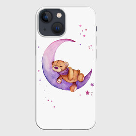 Чехол для iPhone 13 mini с принтом Плюшевый мишка спит на луне в Кировске,  |  | bedtime | dream | moon | night | sleep | stars | teddy bear | акварель | акварельный | детский | дизайн | звездный | звезды | игрушка | луна | малыш | малышковый | медведь | милый | мишка | ночь | плюшевый | розовый | сиреневый