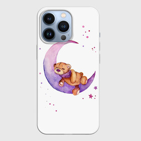 Чехол для iPhone 13 Pro с принтом Плюшевый мишка спит на луне в Кировске,  |  | bedtime | dream | moon | night | sleep | stars | teddy bear | акварель | акварельный | детский | дизайн | звездный | звезды | игрушка | луна | малыш | малышковый | медведь | милый | мишка | ночь | плюшевый | розовый | сиреневый