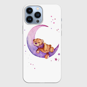 Чехол для iPhone 13 Pro Max с принтом Плюшевый мишка спит на луне в Кировске,  |  | bedtime | dream | moon | night | sleep | stars | teddy bear | акварель | акварельный | детский | дизайн | звездный | звезды | игрушка | луна | малыш | малышковый | медведь | милый | мишка | ночь | плюшевый | розовый | сиреневый