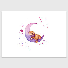 Поздравительная открытка с принтом Плюшевый мишка спит на луне в Кировске, 100% бумага | плотность бумаги 280 г/м2, матовая, на обратной стороне линовка и место для марки
 | bedtime | dream | moon | night | sleep | stars | teddy bear | акварель | акварельный | детский | дизайн | звездный | звезды | игрушка | луна | малыш | малышковый | медведь | милый | мишка | ночь | плюшевый | розовый | сиреневый