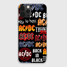 Чехол для iPhone 12 Pro с принтом AC DC LOGOBOMBING  в Кировске, силикон | область печати: задняя сторона чехла, без боковых панелей | Тематика изображения на принте: ac dc | angus young. | back in black | brian johnson | hells bells | highway to hell | rock | thunderstruck | tnt | ангус янг | брайан джонсон | группа | музыка | рок | эйси диси