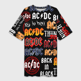 Платье-футболка 3D с принтом AC DC LOGOBOMBING в Кировске,  |  | Тематика изображения на принте: ac dc | angus young. | back in black | brian johnson | hells bells | highway to hell | rock | thunderstruck | tnt | ангус янг | брайан джонсон | группа | музыка | рок | эйси диси