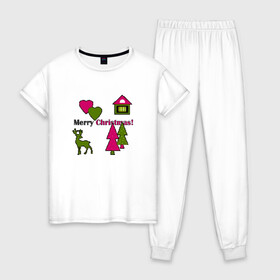 Женская пижама хлопок с принтом С рождеством! в Кировске, 100% хлопок | брюки и футболка прямого кроя, без карманов, на брюках мягкая резинка на поясе и по низу штанин | детский | домик | елки | модный | олень | пиксельный узор | рождество | сердце
