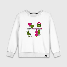 Детский свитшот хлопок с принтом С рождеством! в Кировске, 100% хлопок | круглый вырез горловины, эластичные манжеты, пояс и воротник | детский | домик | елки | модный | олень | пиксельный узор | рождество | сердце