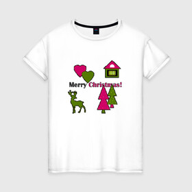 Женская футболка хлопок с принтом С рождеством! в Кировске, 100% хлопок | прямой крой, круглый вырез горловины, длина до линии бедер, слегка спущенное плечо | детский | домик | елки | модный | олень | пиксельный узор | рождество | сердце