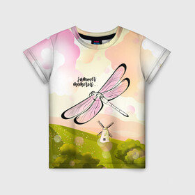 Детская футболка 3D с принтом Стрекоза. Воспоминания о лете в Кировске, 100% гипоаллергенный полиэфир | прямой крой, круглый вырез горловины, длина до линии бедер, чуть спущенное плечо, ткань немного тянется | лето | насекомое | небо | облака | пейзаж | поле | стрекоза