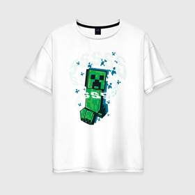 Женская футболка хлопок Oversize с принтом Крипер | Creeper | Minecraft в Кировске, 100% хлопок | свободный крой, круглый ворот, спущенный рукав, длина до линии бедер
 | creeper | minecraft | sss | выживай | зеленый | исследуй | крип | крипер | майнкрафт | меч | создавай