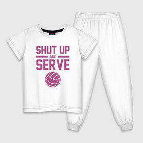 Детская пижама хлопок с принтом Shut Up And Serve в Кировске, 100% хлопок |  брюки и футболка прямого кроя, без карманов, на брюках мягкая резинка на поясе и по низу штанин
 | ball | beach | game | sport | volley | volleyball | волейбол | волейболист | волейболистка | гол | игра | игрок | мяч | площадка | пляж | пляжный | победа | сетка | спорт | тренер | чемпион