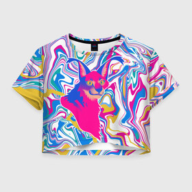 Женская футболка Crop-top 3D с принтом Floppa Art в Кировске, 100% полиэстер | круглая горловина, длина футболки до линии талии, рукава с отворотами | flopa | floppa | каракал | кот мем | мем с котом | русский кот | шлёпа