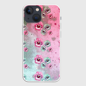 Чехол для iPhone 13 mini с принтом Акварельный камуфляж с цветами в Кировске,  |  | акварель | акварельный | анютины глазки | градиент | женственный | камуфляж | разводы | разноцветный | фиалки | цветочки | цветочный | цветы