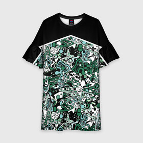 Детское платье 3D с принтом Черно-зеленые каракули в Кировске, 100% полиэстер | прямой силуэт, чуть расширенный к низу. Круглая горловина, на рукавах — воланы | абстрактный | каракули | креативный | мазня | разводы | черный и зеленый