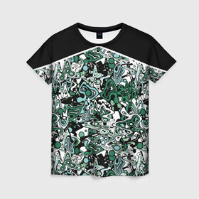 Женская футболка 3D с принтом Черно-зеленые каракули в Кировске, 100% полиэфир ( синтетическое хлопкоподобное полотно) | прямой крой, круглый вырез горловины, длина до линии бедер | абстрактный | каракули | креативный | мазня | разводы | черный и зеленый