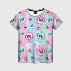 Женская футболка 3D с принтом Акварельные фиалки в Кировске, 100% полиэфир ( синтетическое хлопкоподобное полотно) | прямой крой, круглый вырез горловины, длина до линии бедер | акварель | акварельный | девушкам | детям | нежный | разноцветный | фиалки | цветочки | цветочный | цветы