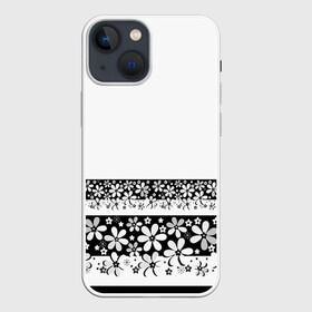 Чехол для iPhone 13 mini с принтом Черно белый цветочный принт в Кировске,  |  | белый | детский | для девушек | кайма | летний | ромашки | цветочный | цветы | черно белый | черный