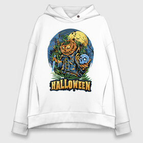 Женское худи Oversize хлопок с принтом Halloween в Кировске, френч-терри — 70% хлопок, 30% полиэстер. Мягкий теплый начес внутри —100% хлопок | боковые карманы, эластичные манжеты и нижняя кромка, капюшон на магнитной кнопке | bat | halloween | holiday | knife | moon | night | pumpkin | skull | smile | летучая мышь | нож | ночь | праздник | тыква | улыбка | хэллоуин | череп