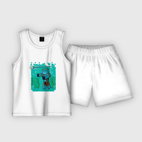 Детская пижама с шортами хлопок с принтом Утопленник (Drowne) Майнкрафт в Кировске,  |  | maincraft | mob | pixel | unit | водоросли | зомби | маинкрафт | майнкрафт | моб | персонаж | пиксели | подводный | трезубец | тризубец | утопленник