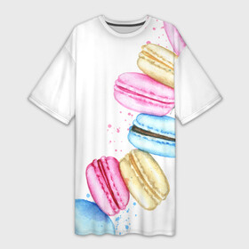 Платье-футболка 3D с принтом Macarons. Нежный десерт в Кировске,  |  | Тематика изображения на принте: акварель | акварельные | десерт | десерты | макаронс | макаруны | пирожное | пирожные | разноцветные | сладости