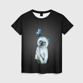 Женская футболка 3D с принтом Тайский котенок с бабочкой в Кировске, 100% полиэфир ( синтетическое хлопкоподобное полотно) | прямой крой, круглый вырез горловины, длина до линии бедер | акварель | бабочка | кот | котенок | котик | кошечка | кошка | смешной | тайский | темный