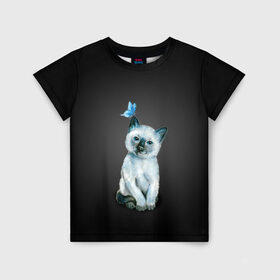 Детская футболка 3D с принтом Тайский котенок с бабочкой в Кировске, 100% гипоаллергенный полиэфир | прямой крой, круглый вырез горловины, длина до линии бедер, чуть спущенное плечо, ткань немного тянется | акварель | бабочка | кот | котенок | котик | кошечка | кошка | смешной | тайский | темный