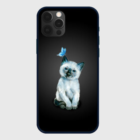 Чехол для iPhone 12 Pro с принтом Тайский котенок с бабочкой в Кировске, силикон | область печати: задняя сторона чехла, без боковых панелей | Тематика изображения на принте: акварель | бабочка | кот | котенок | котик | кошечка | кошка | смешной | тайский | темный