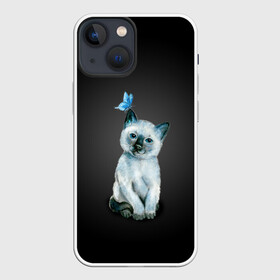 Чехол для iPhone 13 mini с принтом Тайский котенок с бабочкой в Кировске,  |  | акварель | бабочка | кот | котенок | котик | кошечка | кошка | смешной | тайский | темный