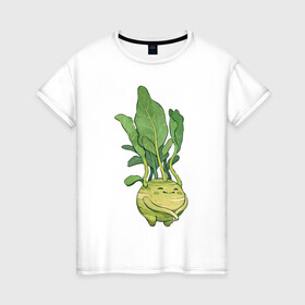 Женская футболка хлопок с принтом Капуста кольраби в Кировске, 100% хлопок | прямой крой, круглый вырез горловины, длина до линии бедер, слегка спущенное плечо | арт | капуста | кольраби | листья | мило | милота | овощ | овощи | рисунок | свежие овощи | свежий овощ | свежий продукт