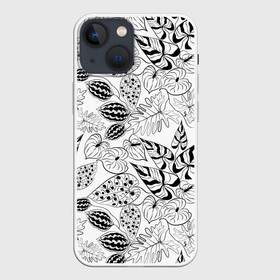 Чехол для iPhone 13 mini с принтом Черно белый узор Тропики в Кировске,  |  | абстрактный | листья | модный | популярный | рисунок | скетч | тропический узор | цветы | черный и белый | экзотические растения