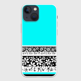 Чехол для iPhone 13 mini с принтом Цветочный бирюзовый  узор в Кировске,  |  | абстрактный | бирюзовый | девушкам | детский | кайма | летний | неоновый | ромашки | цветы | черный и белый