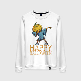 Женский свитшот хлопок с принтом Happy Halloween в Кировске, 100% хлопок | прямой крой, круглый вырез, на манжетах и по низу широкая трикотажная резинка  | Тематика изображения на принте: dab | eyes | gesture | halloween | holiday | hype | pumpkin | rag | глаза | жест | праздник | рваньё | тыква | хайп | хэллоуин