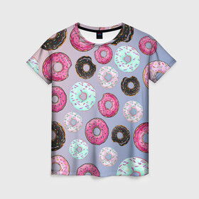 Женская футболка 3D с принтом Пончики в Кировске, 100% полиэфир ( синтетическое хлопкоподобное полотно) | прямой крой, круглый вырез горловины, длина до линии бедер | еда | пончик с глазурью | пончики | розовая глазурь | шоколадный пончик