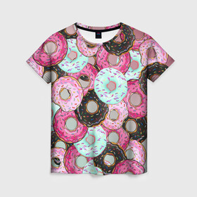 Женская футболка 3D с принтом Пончик в Кировске, 100% полиэфир ( синтетическое хлопкоподобное полотно) | прямой крой, круглый вырез горловины, длина до линии бедер | пончик | пончики | пончики с глазурью | разноцветная глазурь | яркая посыпка