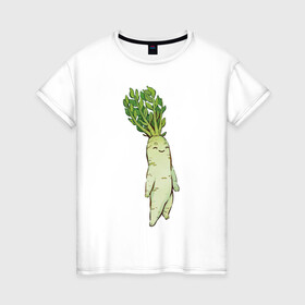 Женская футболка хлопок с принтом Милая редька в Кировске, 100% хлопок | прямой крой, круглый вырез горловины, длина до линии бедер, слегка спущенное плечо | арт | зелень | мило | милота | овощ | овощи | редька | рисунок | свежие овощи | свежий овощ | свежий продукт