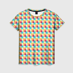 Женская футболка 3D с принтом Красочные кубы в Кировске, 100% полиэфир ( синтетическое хлопкоподобное полотно) | прямой крой, круглый вырез горловины, длина до линии бедер | квадраты | кубы | паттерн | пиксели | разноцветный