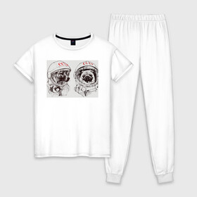 Женская пижама хлопок с принтом Собаки - космонавты в Кировске, 100% хлопок | брюки и футболка прямого кроя, без карманов, на брюках мягкая резинка на поясе и по низу штанин | в тренде. | космос | собаки | собаки на белом фоне | ссср