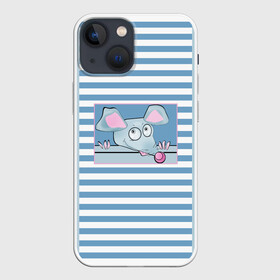 Чехол для iPhone 13 mini с принтом Веселая Мышь в Кировске,  |  | в горошек | веселый | детский | забавный | комбинированный | крыса | лоскуты | мышь | полосатый узор | полосы | синий