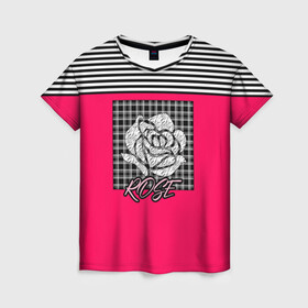 Женская футболка 3D с принтом Аппликация роза на клетчатом в Кировске, 100% полиэфир ( синтетическое хлопкоподобное полотно) | прямой крой, круглый вырез горловины, длина до линии бедер | аппликация | детский | комбинированный | полосатый | пэчворк | роза | розовый | цветочный узор | черный и малиновый | яркий малиновый