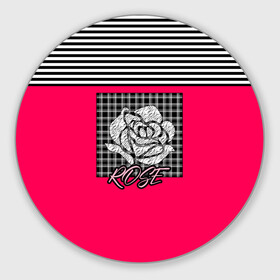 Коврик для мышки круглый с принтом Аппликация роза на клетчатом в Кировске, резина и полиэстер | круглая форма, изображение наносится на всю лицевую часть | аппликация | детский | комбинированный | полосатый | пэчворк | роза | розовый | цветочный узор | черный и малиновый | яркий малиновый