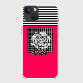 Чехол для iPhone 13 с принтом Аппликация роза на клетчатом в Кировске,  |  | аппликация | детский | комбинированный | полосатый | пэчворк | роза | розовый | цветочный узор | черный и малиновый | яркий малиновый