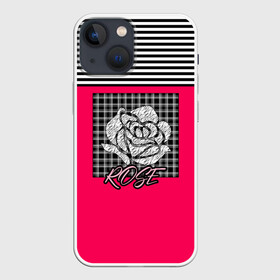 Чехол для iPhone 13 mini с принтом Аппликация роза на клетчатом в Кировске,  |  | аппликация | детский | комбинированный | полосатый | пэчворк | роза | розовый | цветочный узор | черный и малиновый | яркий малиновый