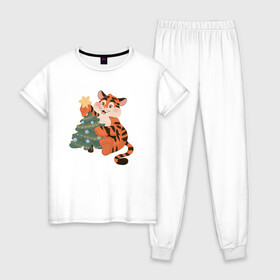 Женская пижама хлопок с принтом Символ года 2022. Тигренок  в Кировске, 100% хлопок | брюки и футболка прямого кроя, без карманов, на брюках мягкая резинка на поясе и по низу штанин | 2020 | для детей | новый год | символ года | тигр | тигренок