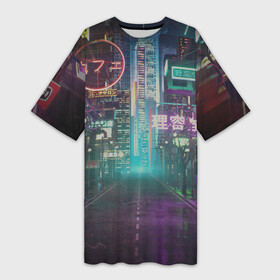 Платье-футболка 3D с принтом Neon Tokyo в Кировске,  |  | anime | cyber | cyberpunk | japan | japanese | neon | retro | retro wave | road | street | tokyo | wave | аниме | дорога | иероглифы | кибер | киберпанк | неон | неоновый | ночной токио | ночь | ретро | свет | токио | улица | уличный | эстетика