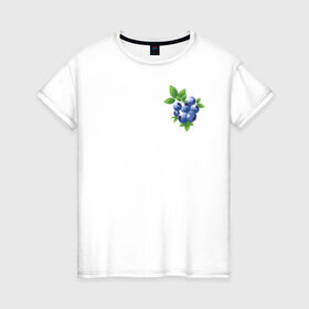 Женская футболка хлопок с принтом Черника в Кировске, 100% хлопок | прямой крой, круглый вырез горловины, длина до линии бедер, слегка спущенное плечо | зеленый | листья | синий | черника | ягоды