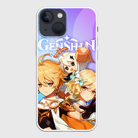 Чехол для iPhone 13 mini с принтом Genshin Impact в Кировске,  |  | Тематика изображения на принте: aether | genshin impact | luminer | paimon | traveler | геншин импакт | игры | итэр | люмин | паймон | персонажи | путешественник | путешественница | фея