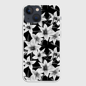 Чехол для iPhone 13 mini с принтом Лилии черно белые в Кировске,  |  | белые лилии | лето | лилии | монохромный | современный | цветочный | цветы | черный и белый