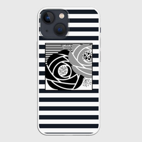 Чехол для iPhone 13 mini с принтом Аппликация розы на полосатом в Кировске,  |  | абстрактные розы | абстрактный узор | абстракция | белый | женский | серый | современный | черно  белый | черные розы