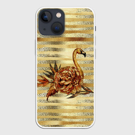 Чехол для iPhone 13 mini с принтом Золотой фламинго и цветок в Кировске,  |  | драгоценный | золотистый | золото | пион | полоски | птица | серебристый | серебро | фламинго | цветок | цветочный | цветы