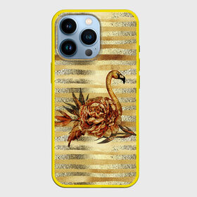 Чехол для iPhone 13 Pro с принтом Золотой фламинго и цветок в Кировске,  |  | Тематика изображения на принте: драгоценный | золотистый | золото | пион | полоски | птица | серебристый | серебро | фламинго | цветок | цветочный | цветы