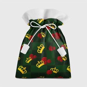 Подарочный 3D мешок с принтом Короны и розы в Кировске, 100% полиэстер | Размер: 29*39 см | зеленая клетка | золото | квадрат | королева | король | корона | красный | полосы | роза | сетка | узор | цветок | шахматная доска | шахматы