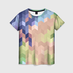 Женская футболка 3D с принтом Абстрактный  бежево-синий узор в Кировске, 100% полиэфир ( синтетическое хлопкоподобное полотно) | прямой крой, круглый вырез горловины, длина до линии бедер | абстрактный | бежевый | геометрические фигуры | молодежный | ромбы | современный